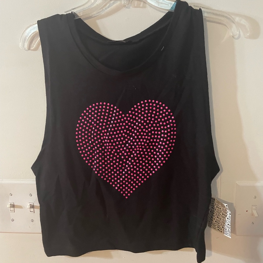 Electric Pink Black Tank Top with Hot Pink Heart Size S